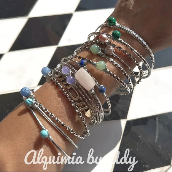 Silver statement tennis bangle set/ jeweled aquamarine cowgirl pastel - Picture 3 of 8